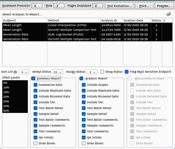 Choose the analyses, endpoints and detail each report carries, then generate it in one pass.